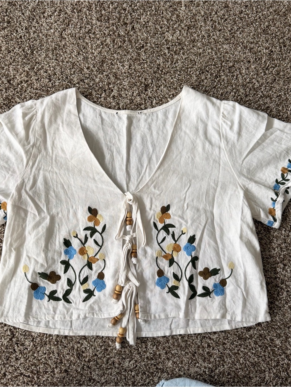 Boho Linen Floral Embroidered Tie Front Crop Top White Cottagecore